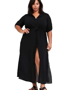 NWT Torrid Black Button-Front Maxi Swim Coverup with Front Slit Drawstring 2X